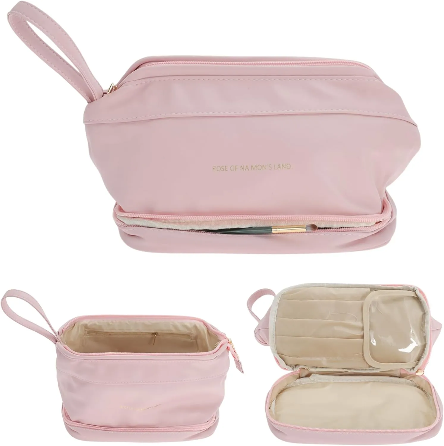 Makeup Bag, Double Layer Travel Cosmetic Bag for Women, Toiletry Bag, Waterproof and Durable Make Up Bag with Makeup Brush Storage Bag, Pink