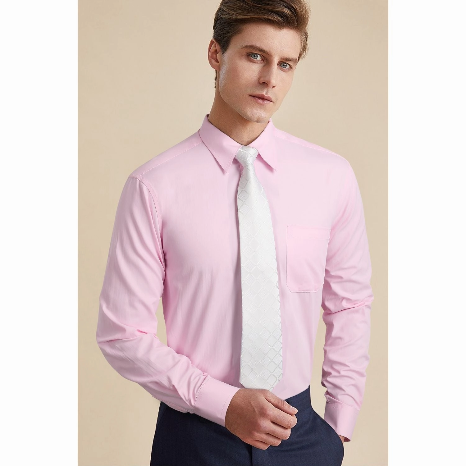 Men's Shirt with Tie Handkerchief Set - 05-PINK/WHITE