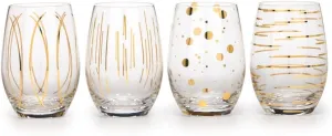 MIKASA Cheers Etched Crystal Stemless Wine Glasses, 470 ml - Gold Effect (Set of 4)