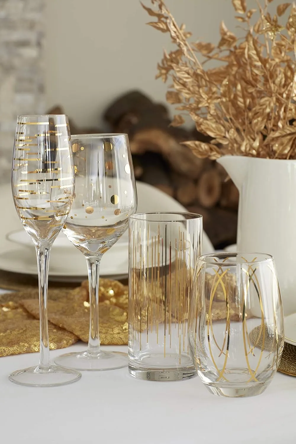 MIKASA Cheers Etched Crystal Stemless Wine Glasses, 470 ml - Gold Effect (Set of 4)