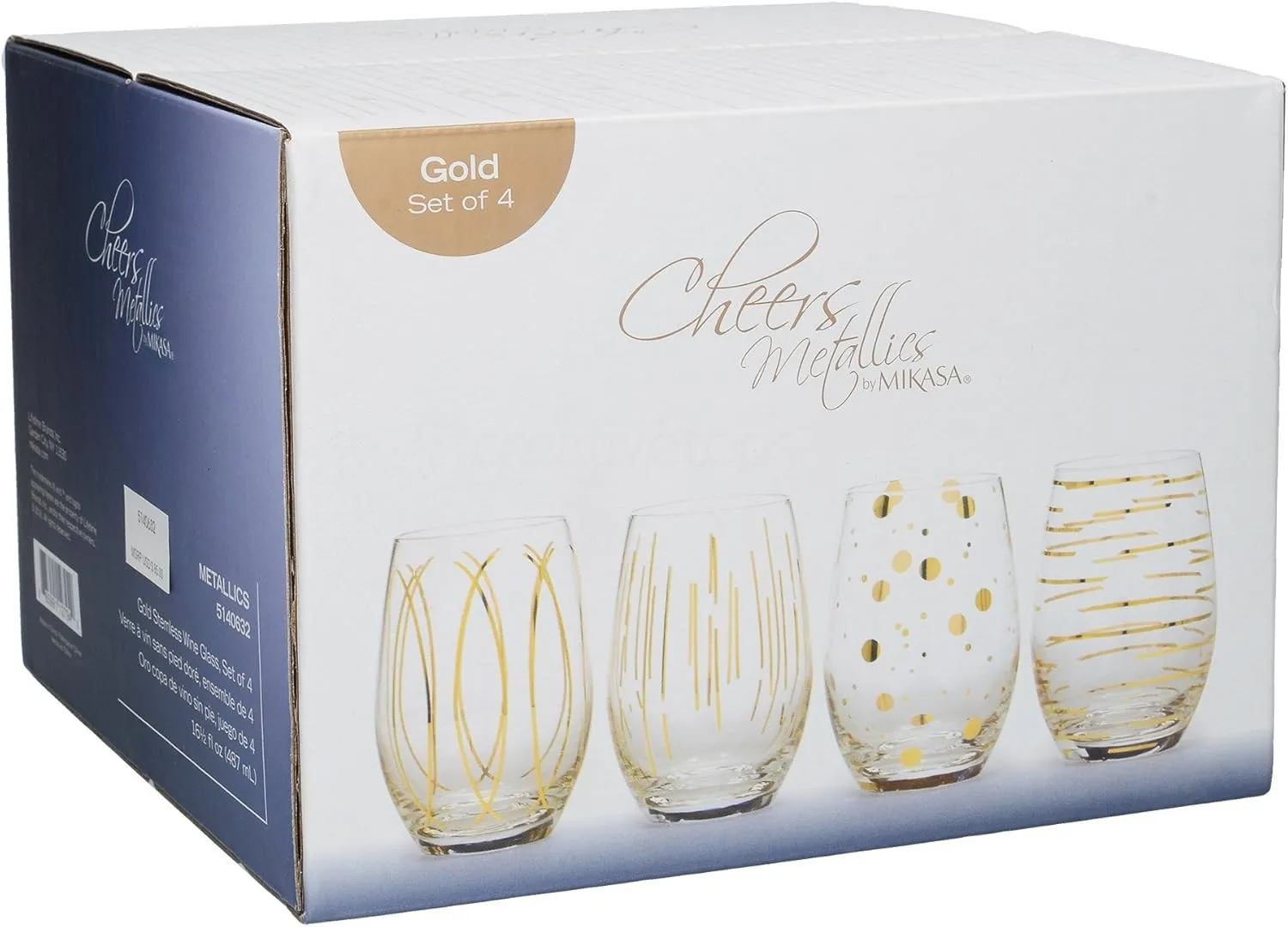 MIKASA Cheers Etched Crystal Stemless Wine Glasses, 470 ml - Gold Effect (Set of 4)