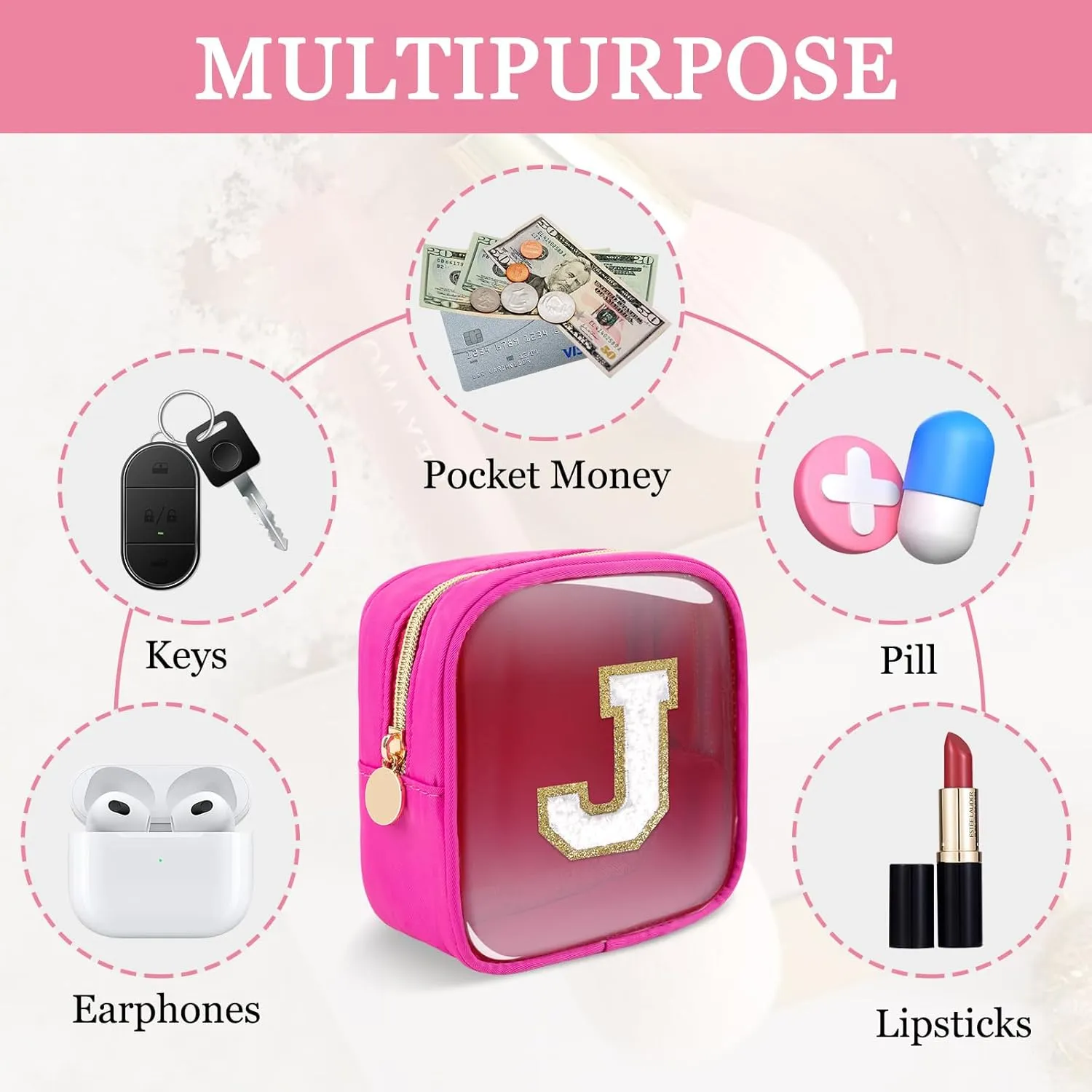 Mini Clear Personalized Initial Makeup Bag,Nylon Preppy A-Z Chenille Letter Patch Zipper Cosmetic Bag, Small Cute Beach Pouch Travel Purse Sanitary Napkin Storage Bag for Women Girls(Hot Pink-White J)