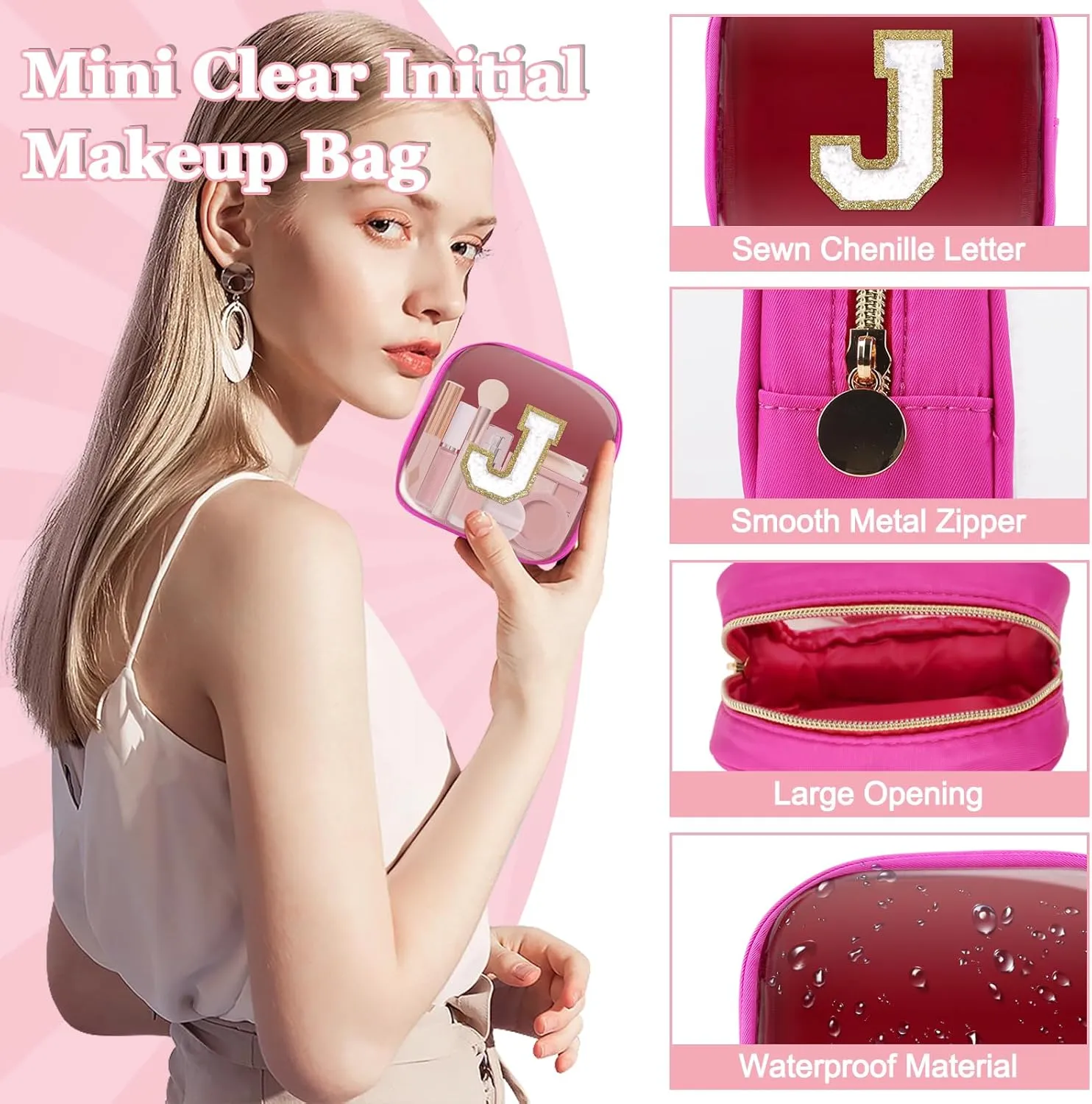 Mini Clear Personalized Initial Makeup Bag,Nylon Preppy A-Z Chenille Letter Patch Zipper Cosmetic Bag, Small Cute Beach Pouch Travel Purse Sanitary Napkin Storage Bag for Women Girls(Hot Pink-White J)