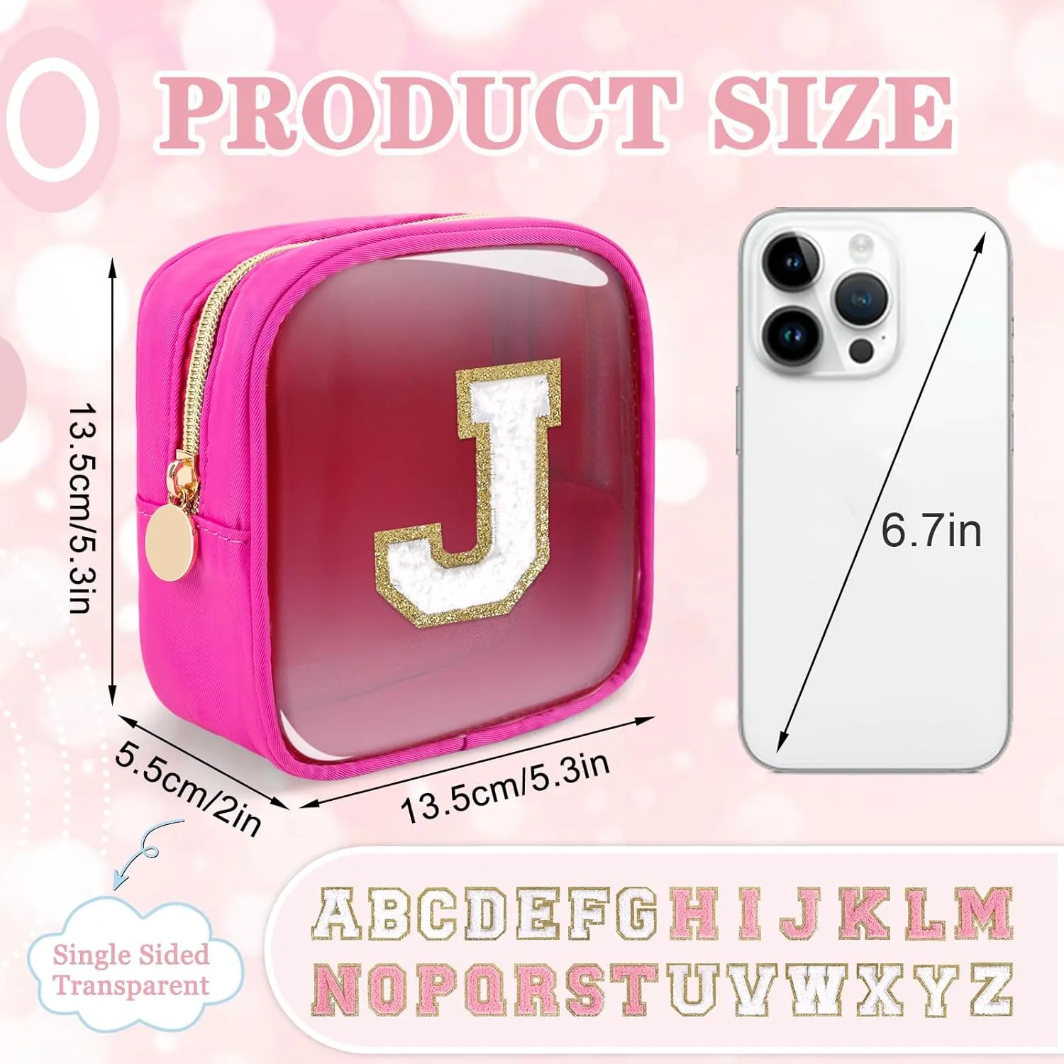 Mini Clear Personalized Initial Makeup Bag,Nylon Preppy A-Z Chenille Letter Patch Zipper Cosmetic Bag, Small Cute Beach Pouch Travel Purse Sanitary Napkin Storage Bag for Women Girls(Hot Pink-White J)