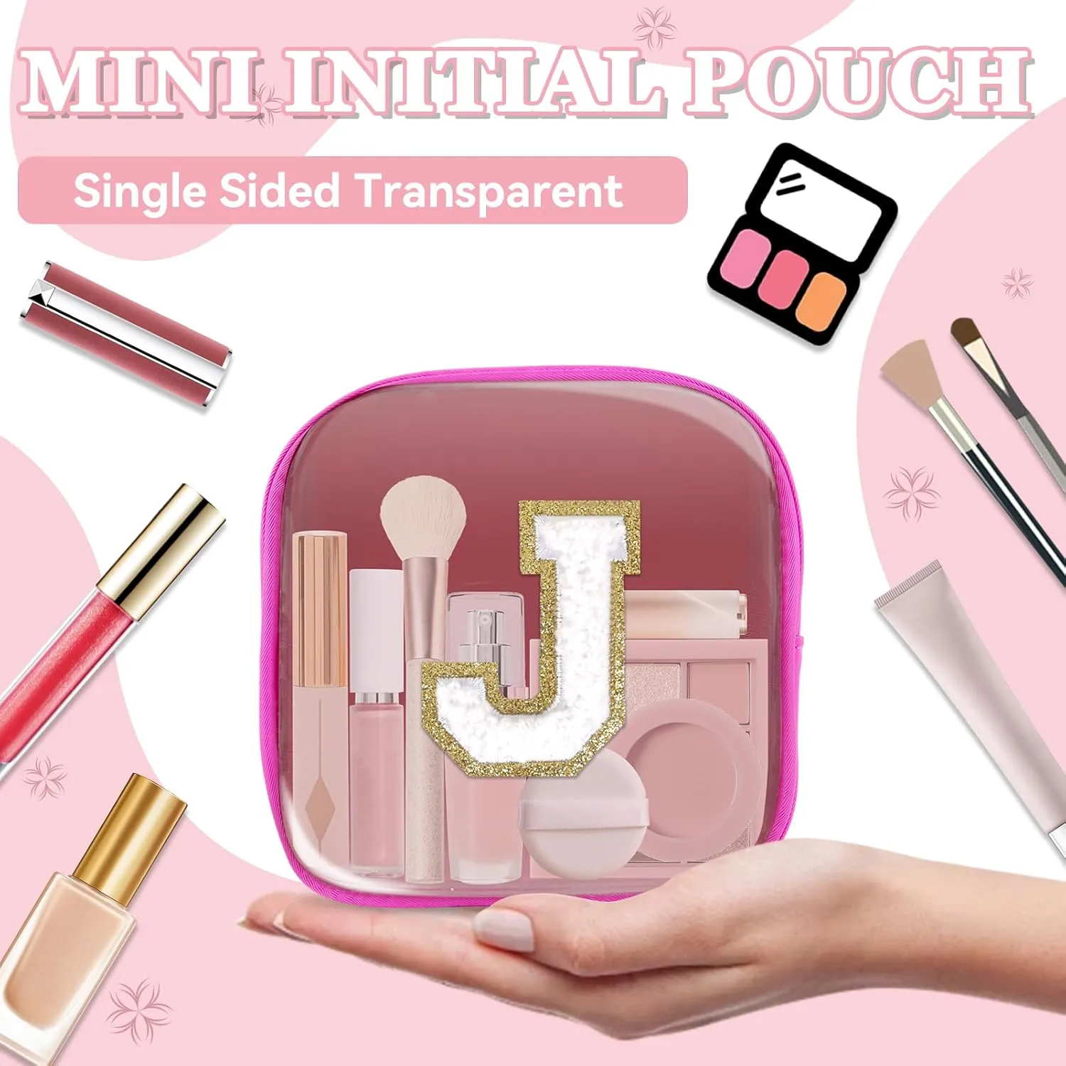 Mini Clear Personalized Initial Makeup Bag,Nylon Preppy A-Z Chenille Letter Patch Zipper Cosmetic Bag, Small Cute Beach Pouch Travel Purse Sanitary Napkin Storage Bag for Women Girls(Hot Pink-White J)