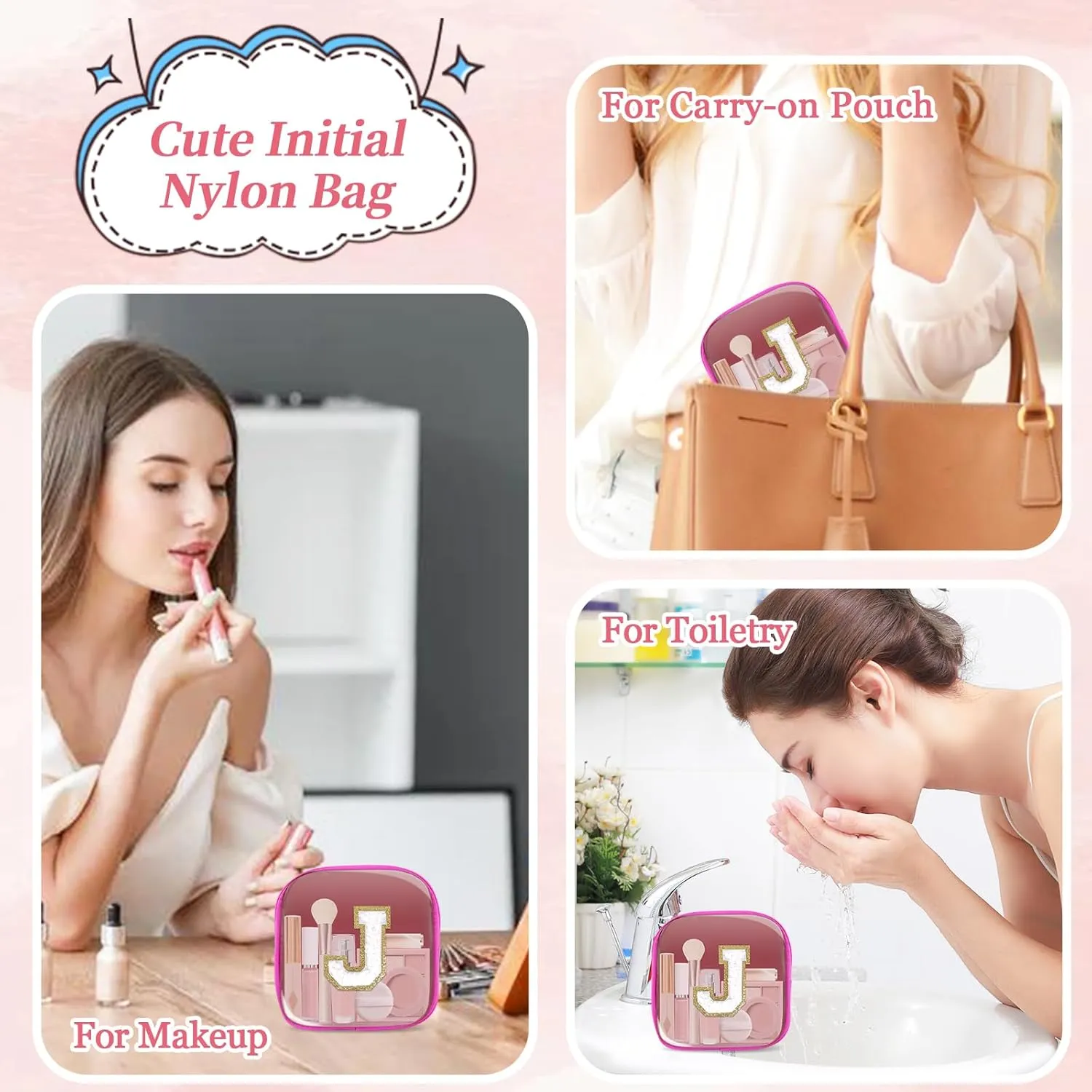Mini Clear Personalized Initial Makeup Bag,Nylon Preppy A-Z Chenille Letter Patch Zipper Cosmetic Bag, Small Cute Beach Pouch Travel Purse Sanitary Napkin Storage Bag for Women Girls(Hot Pink-White J)