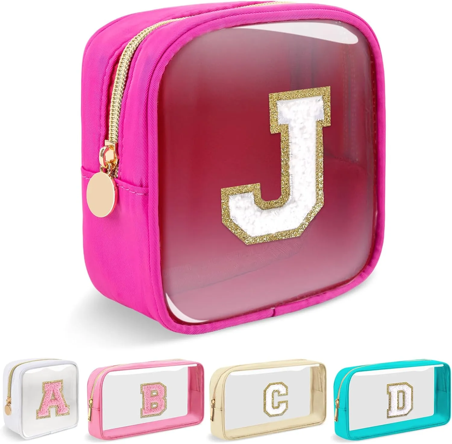 Mini Clear Personalized Initial Makeup Bag,Nylon Preppy A-Z Chenille Letter Patch Zipper Cosmetic Bag, Small Cute Beach Pouch Travel Purse Sanitary Napkin Storage Bag for Women Girls(Hot Pink-White J)