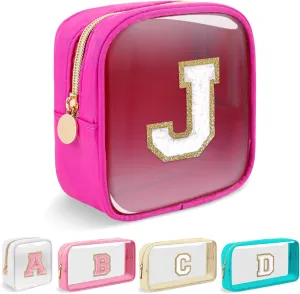 Mini Clear Personalized Initial Makeup Bag,Nylon Preppy A-Z Chenille Letter Patch Zipper Cosmetic Bag, Small Cute Beach Pouch Travel Purse Sanitary Napkin Storage Bag for Women Girls(Hot Pink-White J)