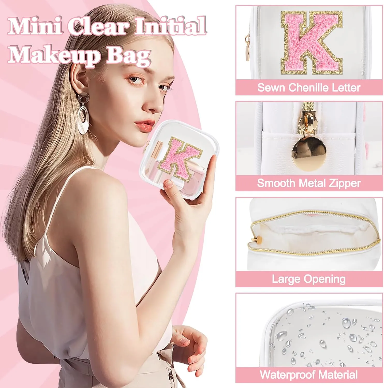 Mini Clear Personalized Initial Makeup Bag,Nylon Preppy A-Z Chenille Letter Patch Zipper Cosmetic Bag, Small Cute Beach Pouch Travel Purse Sanitary Napkin Storage Bag for Women Girls(White-Pink K)
