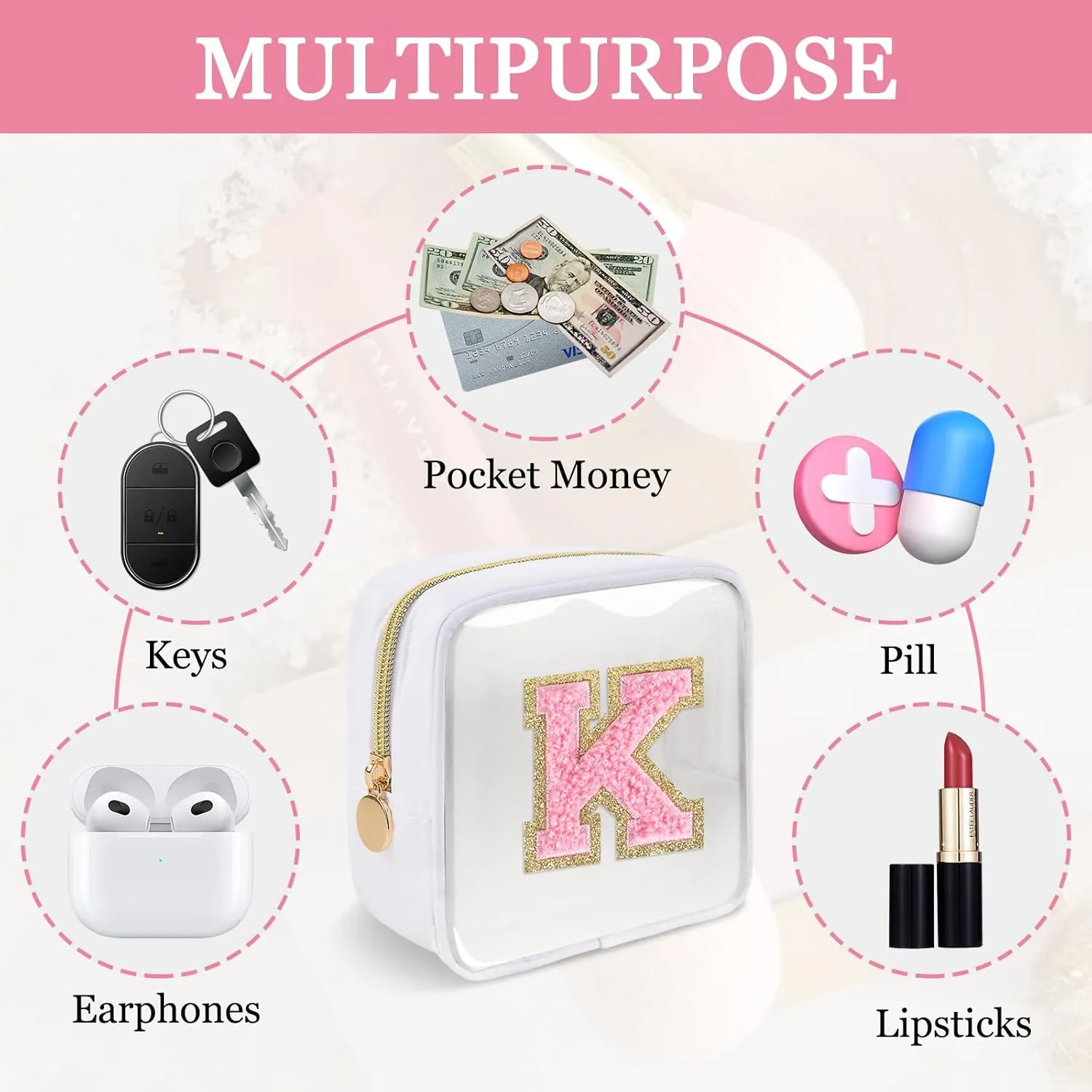 Mini Clear Personalized Initial Makeup Bag,Nylon Preppy A-Z Chenille Letter Patch Zipper Cosmetic Bag, Small Cute Beach Pouch Travel Purse Sanitary Napkin Storage Bag for Women Girls(White-Pink K)