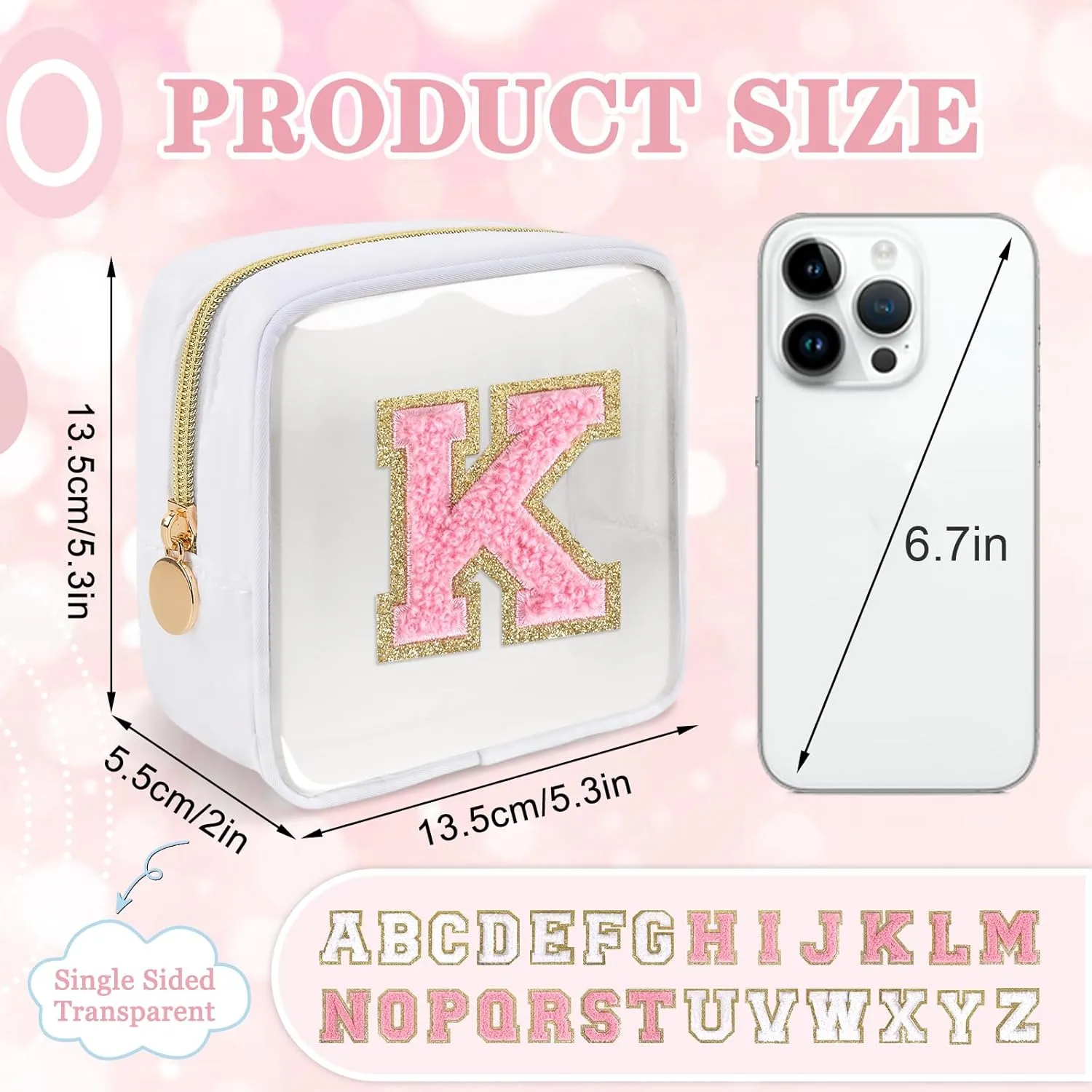 Mini Clear Personalized Initial Makeup Bag,Nylon Preppy A-Z Chenille Letter Patch Zipper Cosmetic Bag, Small Cute Beach Pouch Travel Purse Sanitary Napkin Storage Bag for Women Girls(White-Pink K)