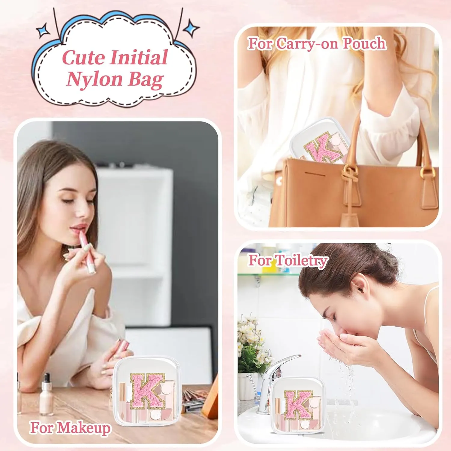 Mini Clear Personalized Initial Makeup Bag,Nylon Preppy A-Z Chenille Letter Patch Zipper Cosmetic Bag, Small Cute Beach Pouch Travel Purse Sanitary Napkin Storage Bag for Women Girls(White-Pink K)