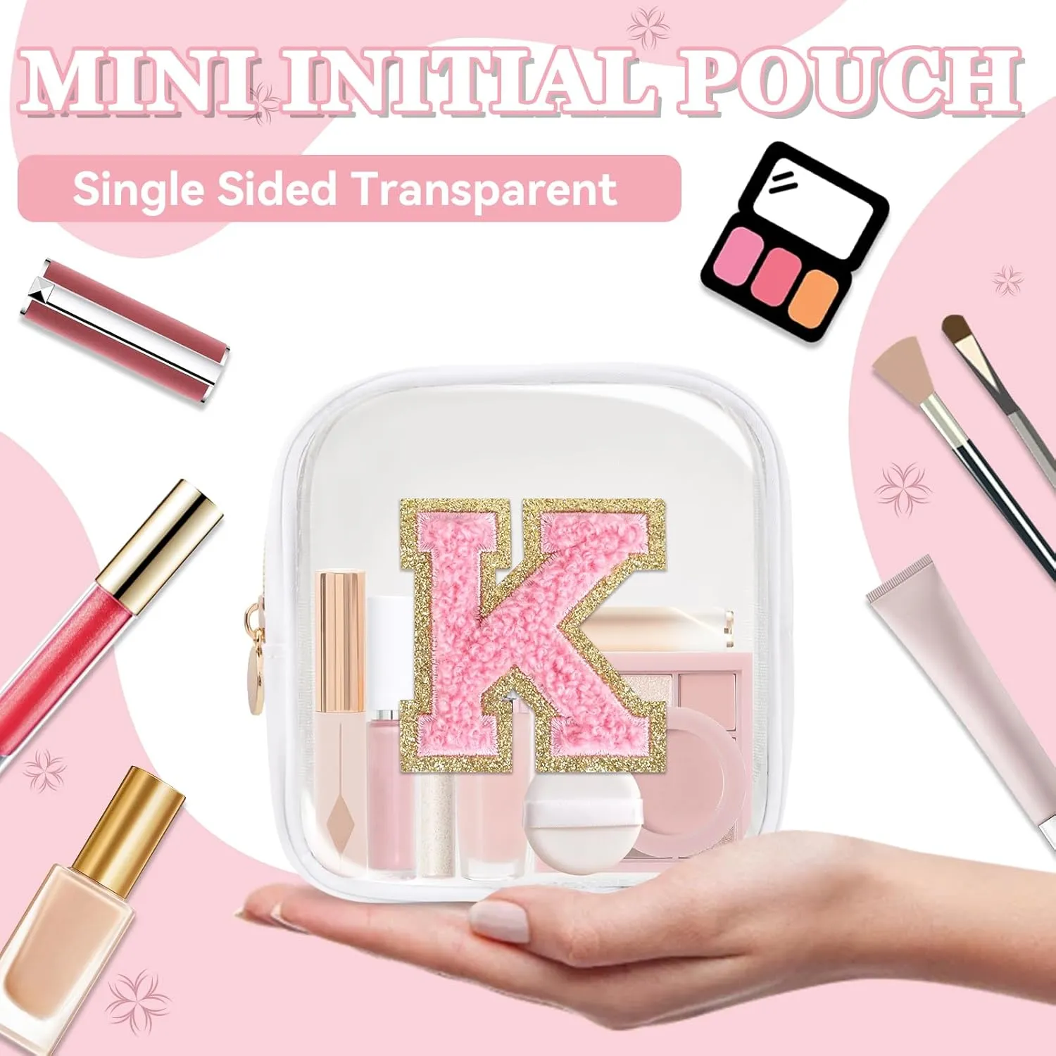 Mini Clear Personalized Initial Makeup Bag,Nylon Preppy A-Z Chenille Letter Patch Zipper Cosmetic Bag, Small Cute Beach Pouch Travel Purse Sanitary Napkin Storage Bag for Women Girls(White-Pink K)