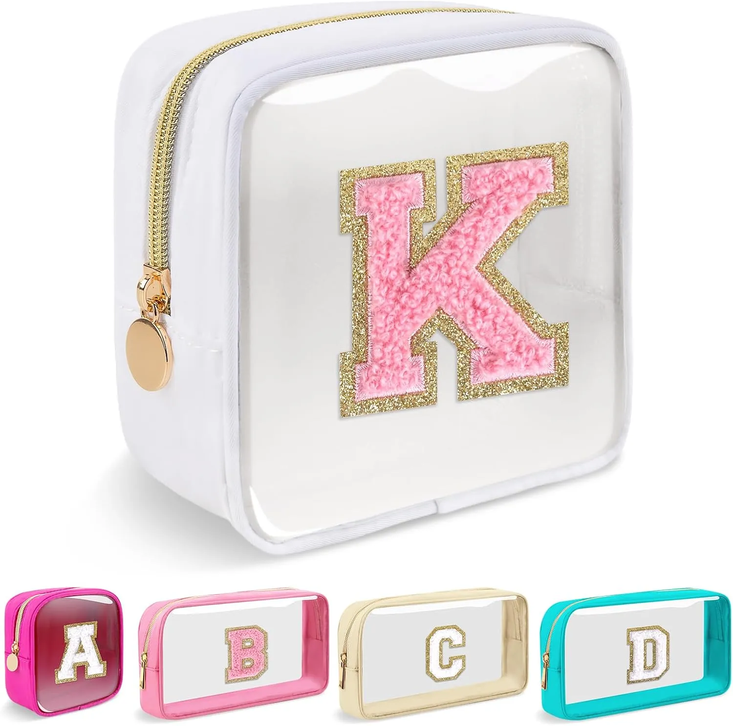 Mini Clear Personalized Initial Makeup Bag,Nylon Preppy A-Z Chenille Letter Patch Zipper Cosmetic Bag, Small Cute Beach Pouch Travel Purse Sanitary Napkin Storage Bag for Women Girls(White-Pink K)