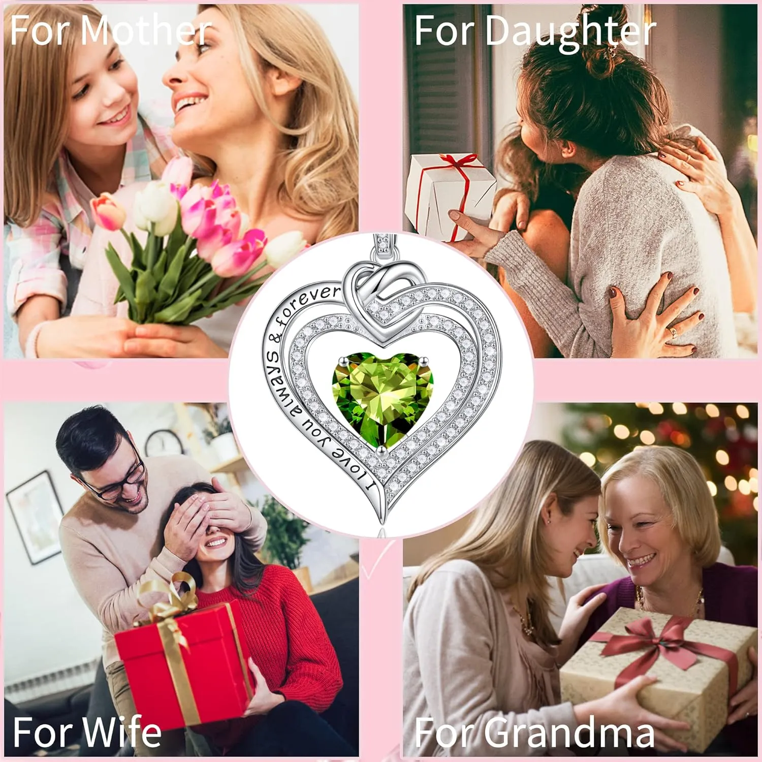 MOOSEA Forever Love Birthstone Necklace for Women, Moissanite Diamond Side Stone Pendant Necklace 18K White Gold Vermeil Necklace Anniversary Birthday Gifts for Mom Wife Grandma Daughter Girlfriend