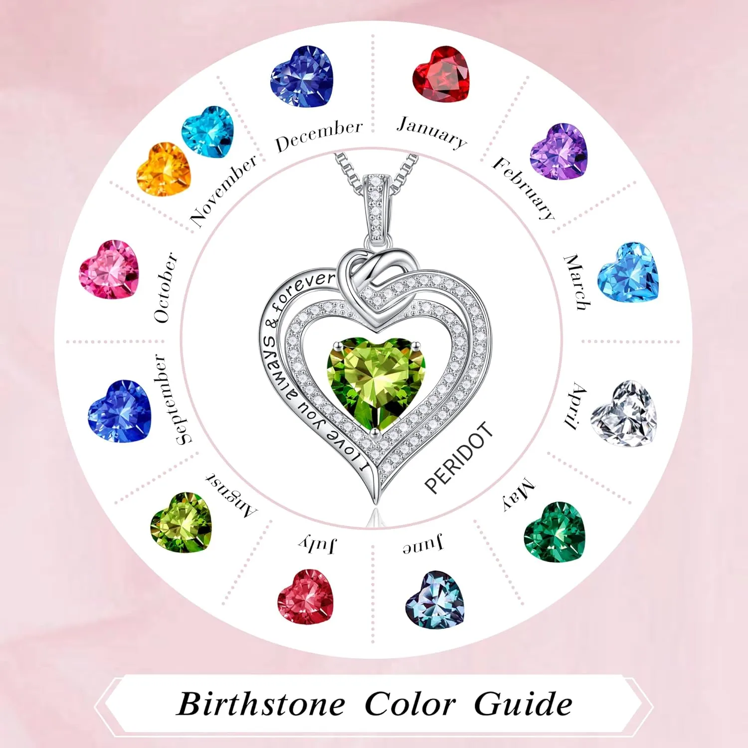 MOOSEA Forever Love Birthstone Necklace for Women, Moissanite Diamond Side Stone Pendant Necklace 18K White Gold Vermeil Necklace Anniversary Birthday Gifts for Mom Wife Grandma Daughter Girlfriend