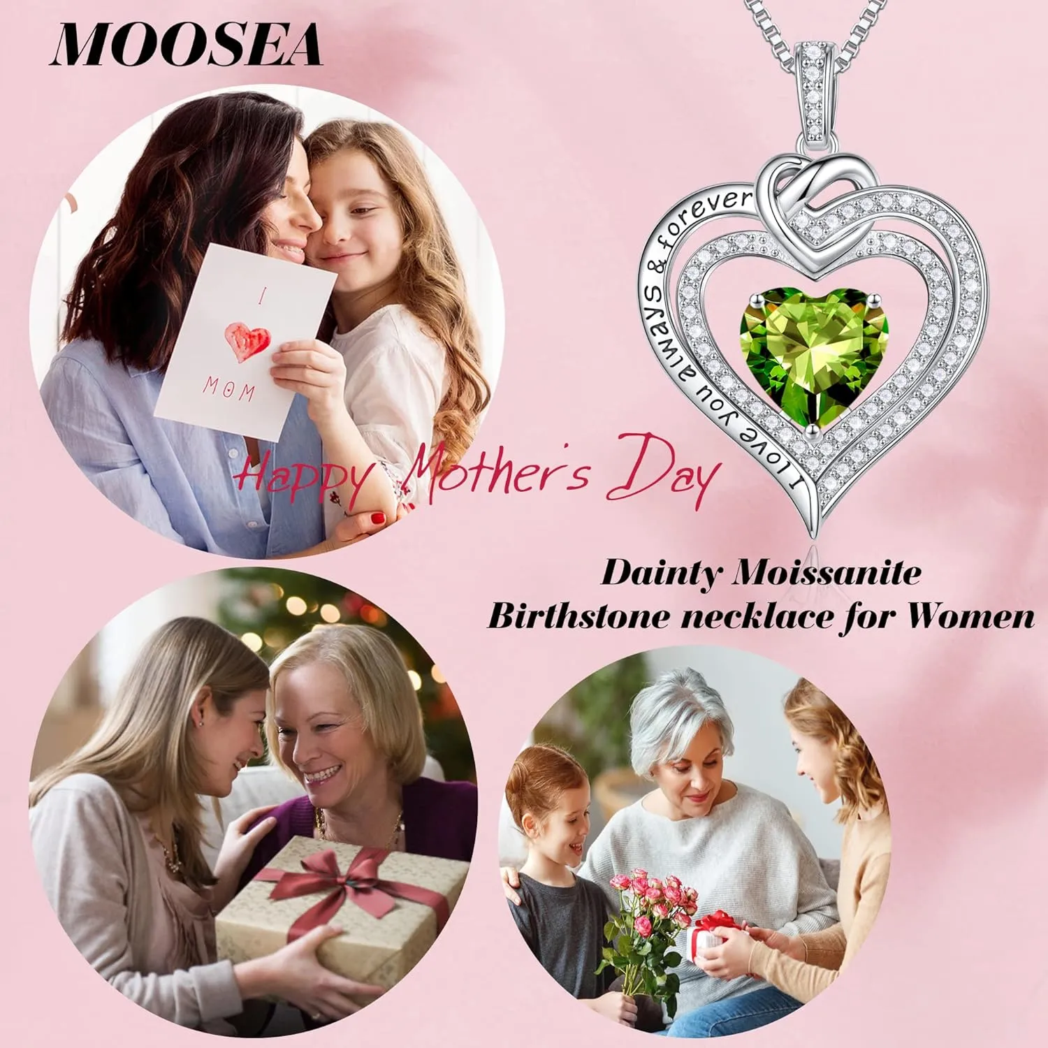 MOOSEA Forever Love Birthstone Necklace for Women, Moissanite Diamond Side Stone Pendant Necklace 18K White Gold Vermeil Necklace Anniversary Birthday Gifts for Mom Wife Grandma Daughter Girlfriend