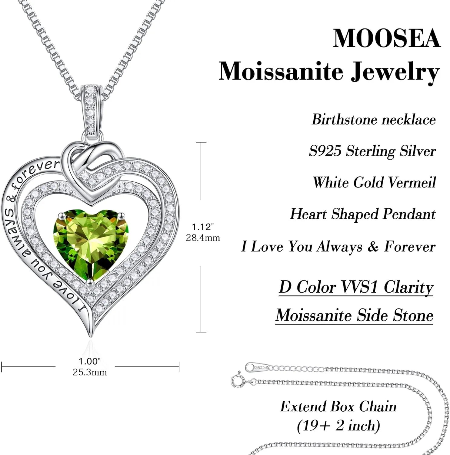 MOOSEA Forever Love Birthstone Necklace for Women, Moissanite Diamond Side Stone Pendant Necklace 18K White Gold Vermeil Necklace Anniversary Birthday Gifts for Mom Wife Grandma Daughter Girlfriend