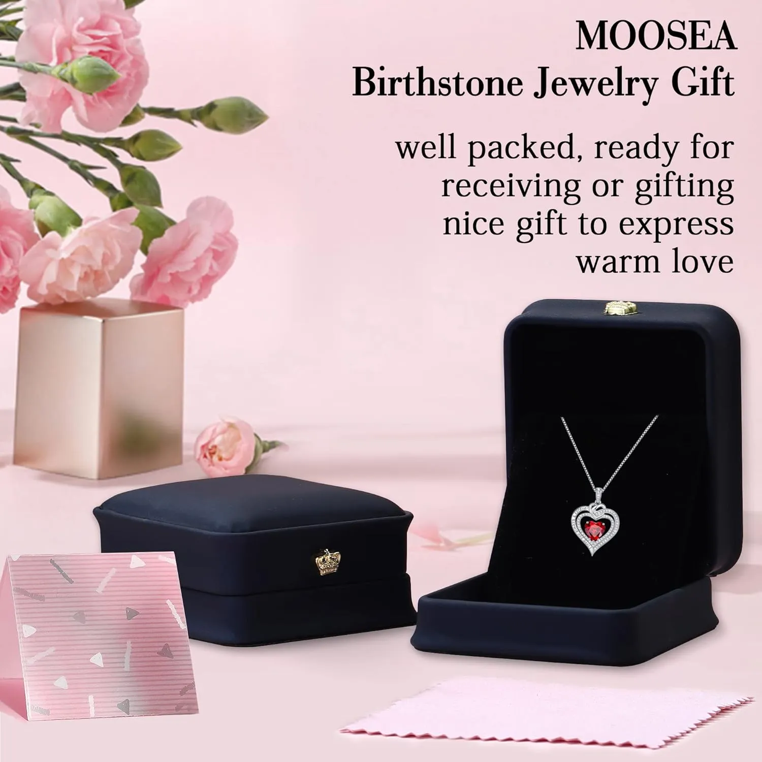 MOOSEA Forever Love Birthstone Necklace for Women, Moissanite Diamond Side Stone Pendant Necklace 18K White Gold Vermeil Necklace Anniversary Birthday Gifts for Mom Wife Grandma Daughter Girlfriend