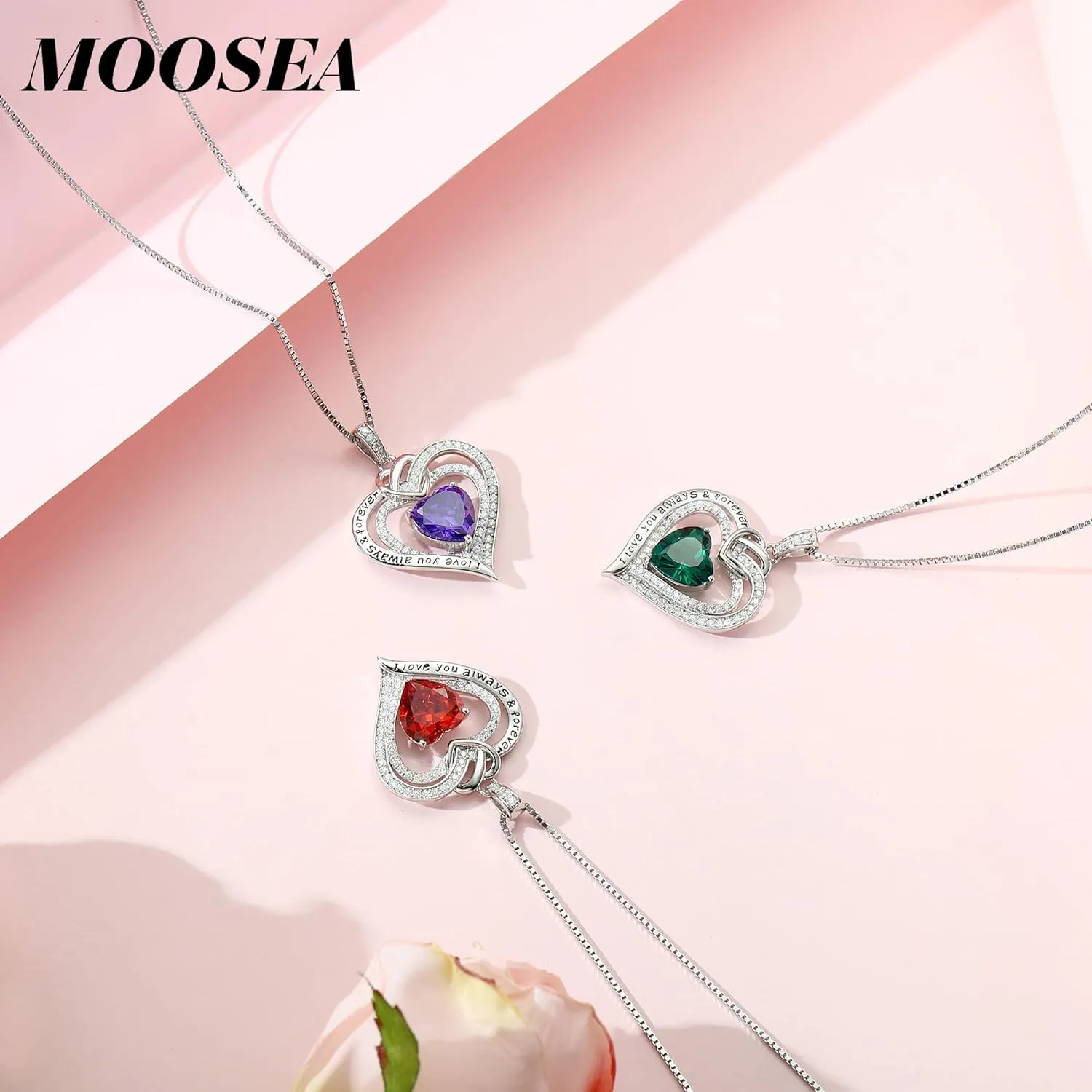 MOOSEA Forever Love Birthstone Necklace for Women, Moissanite Diamond Side Stone Pendant Necklace 18K White Gold Vermeil Necklace Anniversary Birthday Gifts for Mom Wife Grandma Daughter Girlfriend