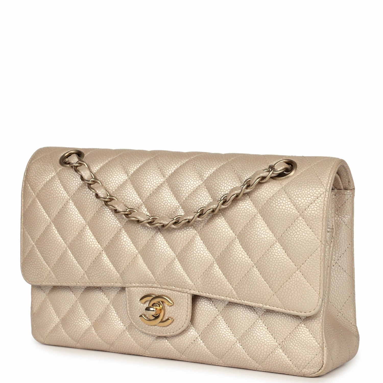 New Chanel Medium Classic Double Flap Pearly Beige Caviar Gold Hardware