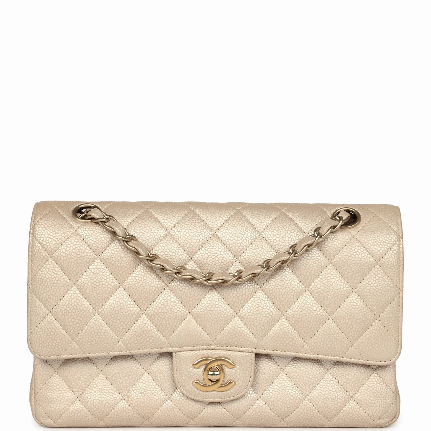 New Chanel Medium Classic Double Flap Pearly Beige Caviar Gold Hardware