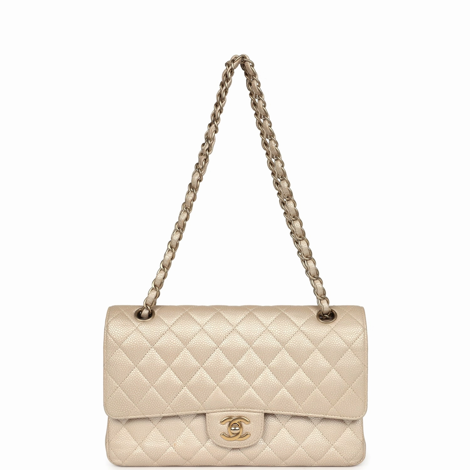 New Chanel Medium Classic Double Flap Pearly Beige Caviar Gold Hardware