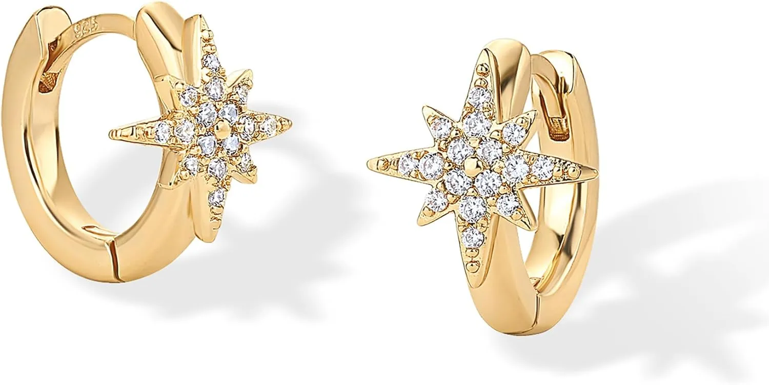 PAVOI 14K Gold Plated Sterling Silver Posts Small Huggie Hoop Earrings for Women - Trendy Celestial North Star, Butterfly, Heart Hoop Earrings - Cubic Zirconia Cute Gold Motif Jewelry