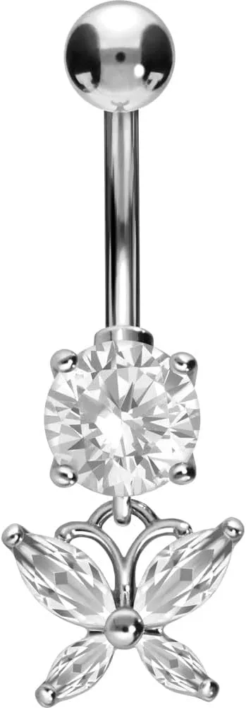 PIERCINGLINE Titanium Belly Button Piercing 925 Silver Design CRYSTAL BUTTERFLY