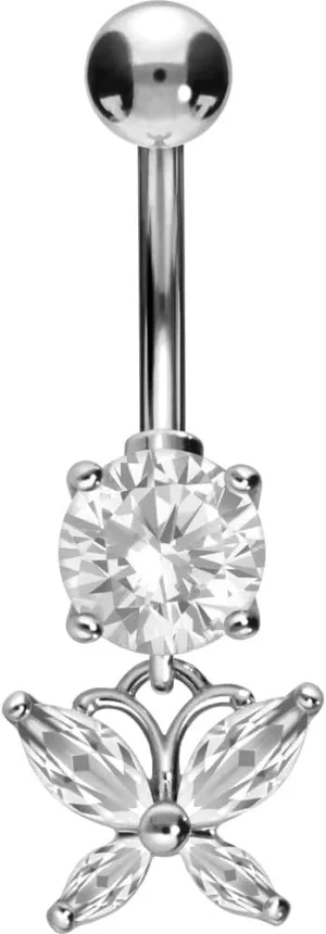 PIERCINGLINE Titanium Belly Button Piercing 925 Silver Design CRYSTAL BUTTERFLY