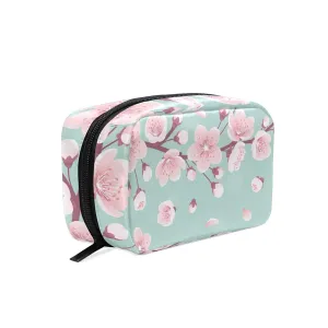 Pink Cherry Blossoms, Spring Flowers, Falling Petals on Turquoise Women's Cosmetic Makeup Bag, With Zipper Portable Travel Toiletry Storage Pouch Bag, Colorful Wallet Purse for Ladies Girls