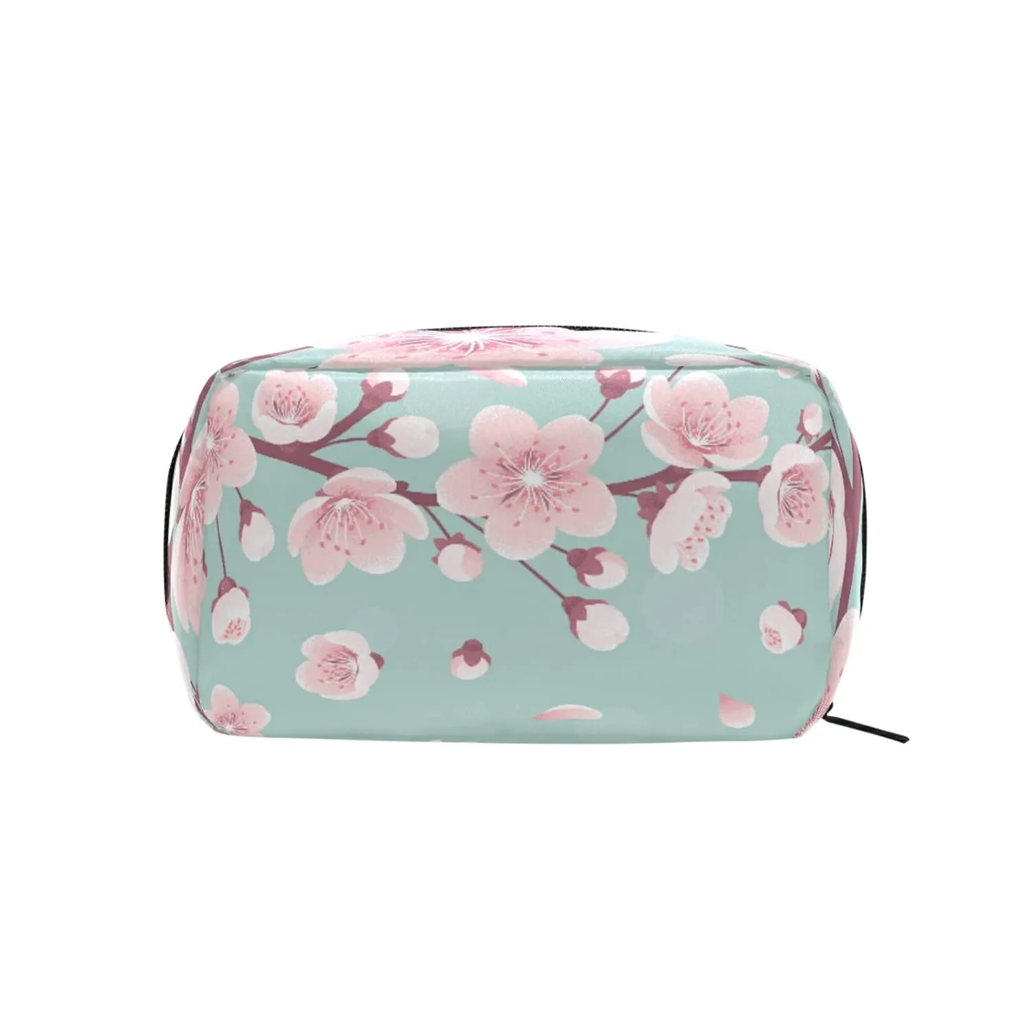 Pink Cherry Blossoms, Spring Flowers, Falling Petals on Turquoise Women's Cosmetic Makeup Bag, With Zipper Portable Travel Toiletry Storage Pouch Bag, Colorful Wallet Purse for Ladies Girls