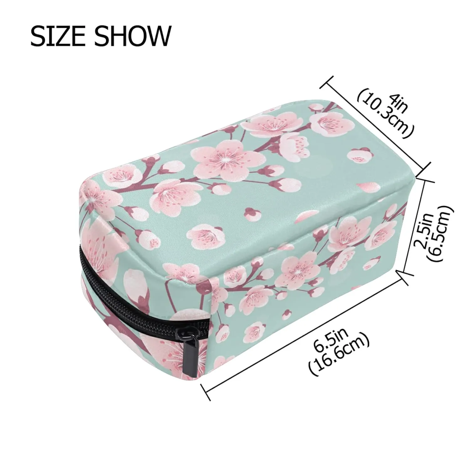 Pink Cherry Blossoms, Spring Flowers, Falling Petals on Turquoise Women's Cosmetic Makeup Bag, With Zipper Portable Travel Toiletry Storage Pouch Bag, Colorful Wallet Purse for Ladies Girls