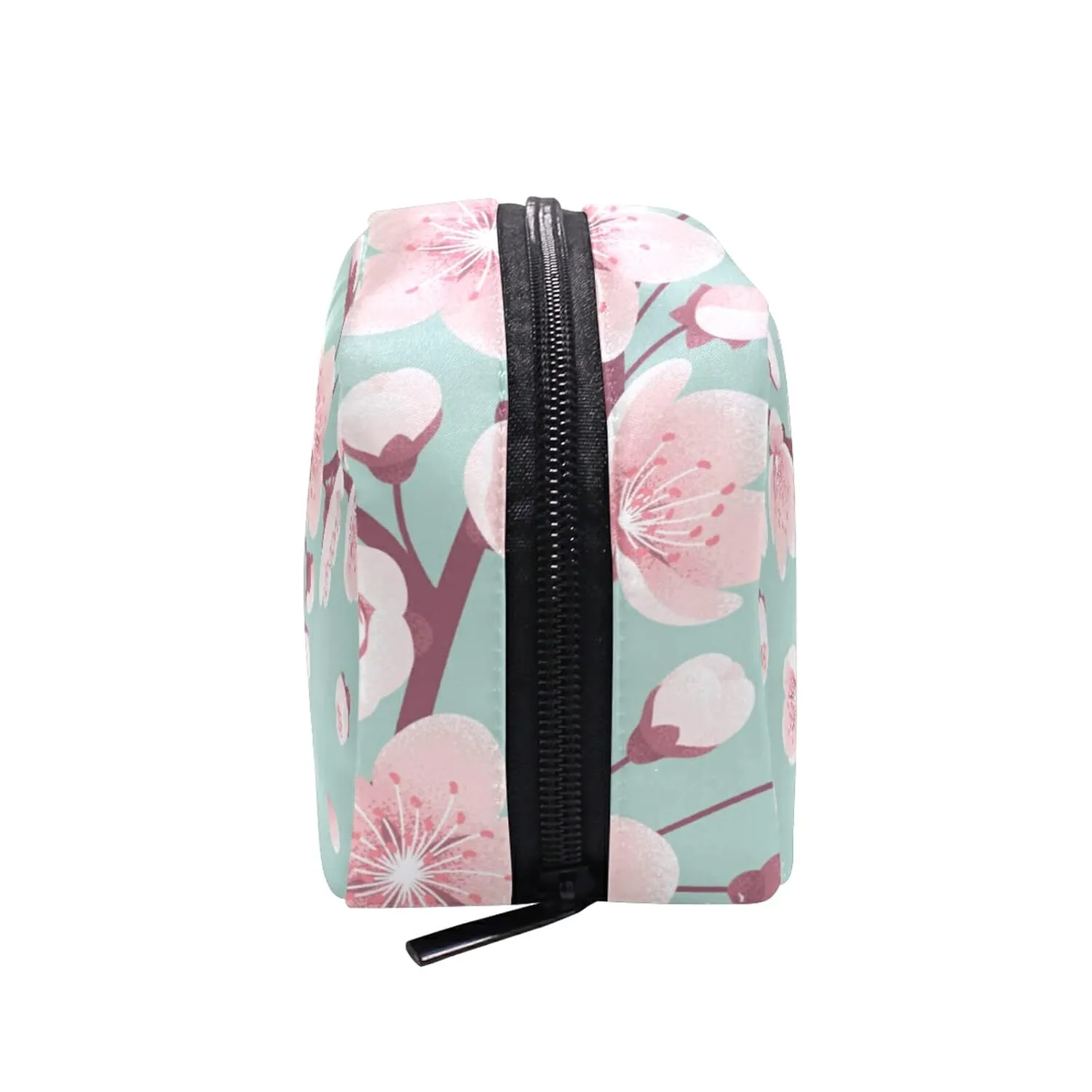 Pink Cherry Blossoms, Spring Flowers, Falling Petals on Turquoise Women's Cosmetic Makeup Bag, With Zipper Portable Travel Toiletry Storage Pouch Bag, Colorful Wallet Purse for Ladies Girls