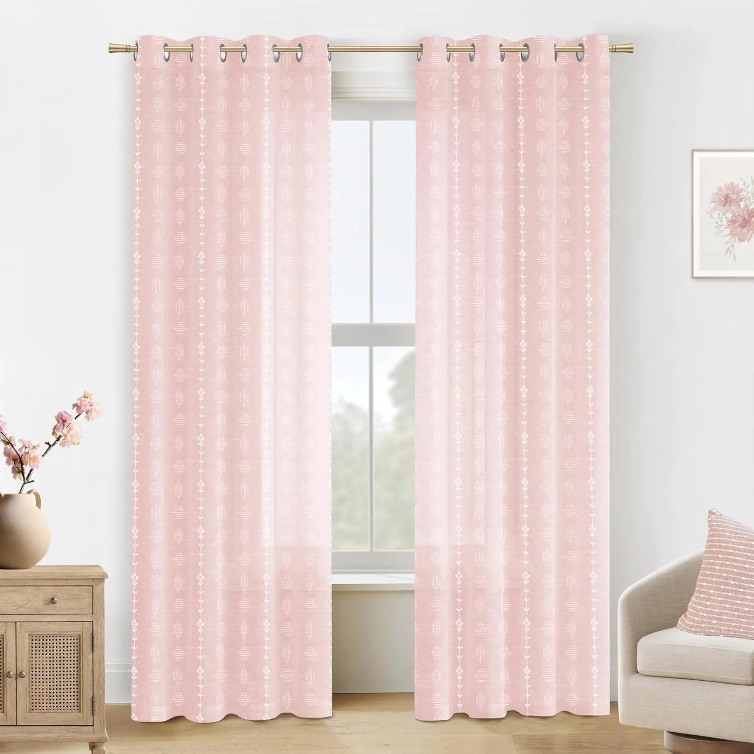 Pink Curtains 2 Panels,Sheer Floral Linen Boho Blush Curtains for Bedroom Living Room 84 Inches Long