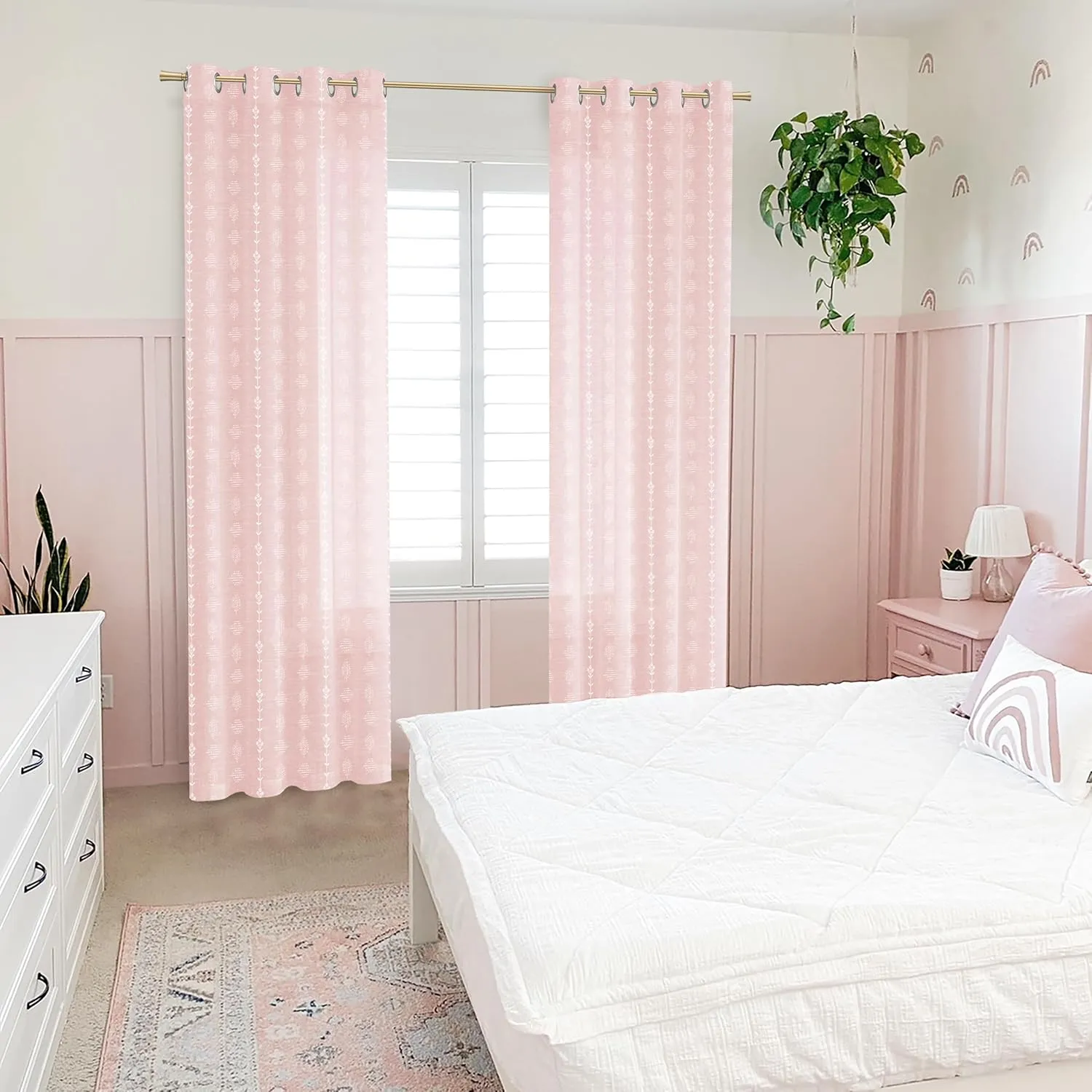 Pink Curtains 2 Panels,Sheer Floral Linen Boho Blush Curtains for Bedroom Living Room 84 Inches Long