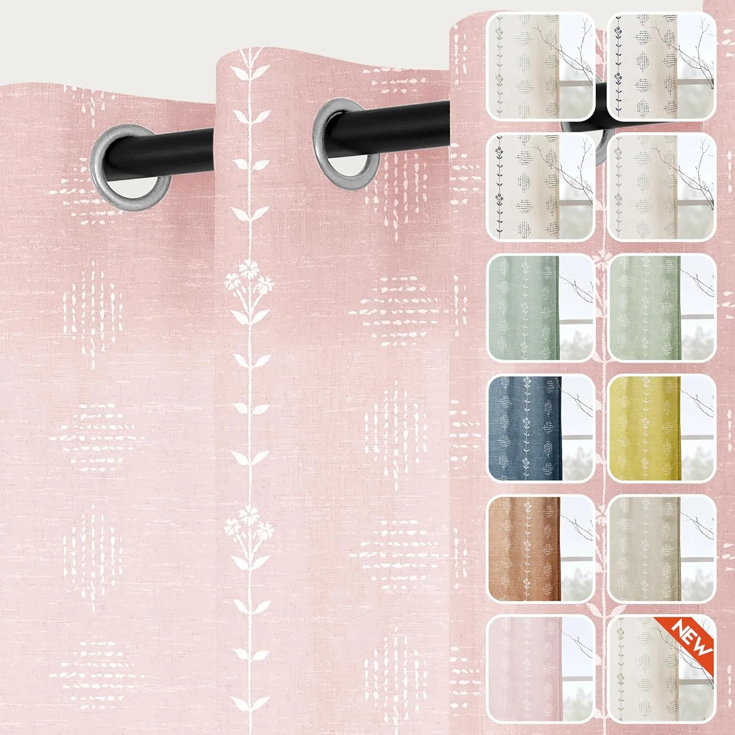 Pink Curtains 2 Panels,Sheer Floral Linen Boho Blush Curtains for Bedroom Living Room 84 Inches Long