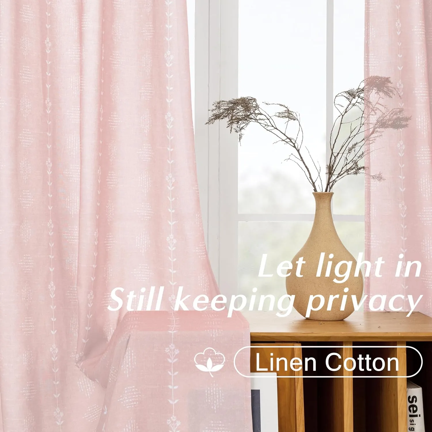 Pink Curtains 2 Panels,Sheer Floral Linen Boho Blush Curtains for Bedroom Living Room 84 Inches Long