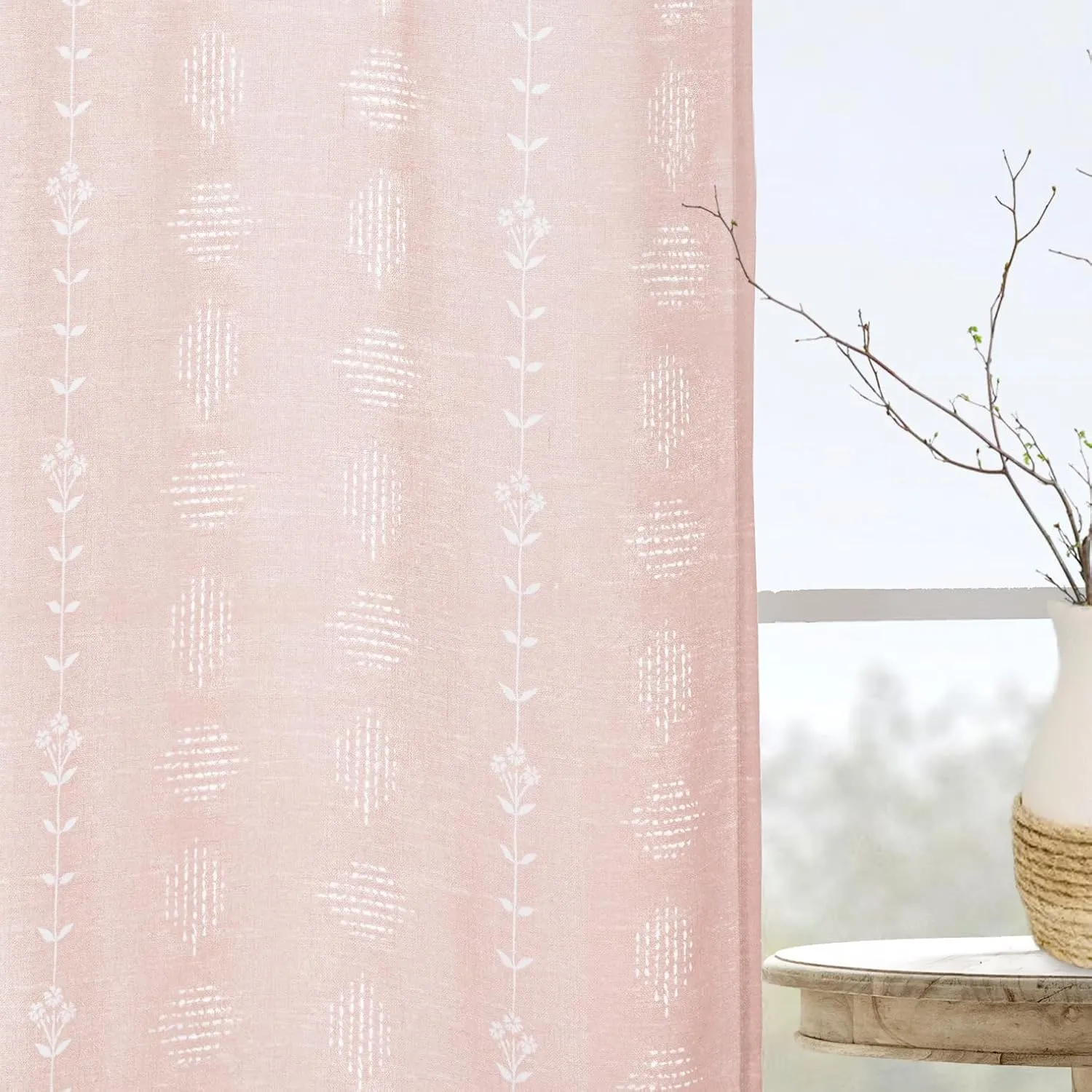 Pink Curtains 2 Panels,Sheer Floral Linen Boho Blush Curtains for Bedroom Living Room 84 Inches Long