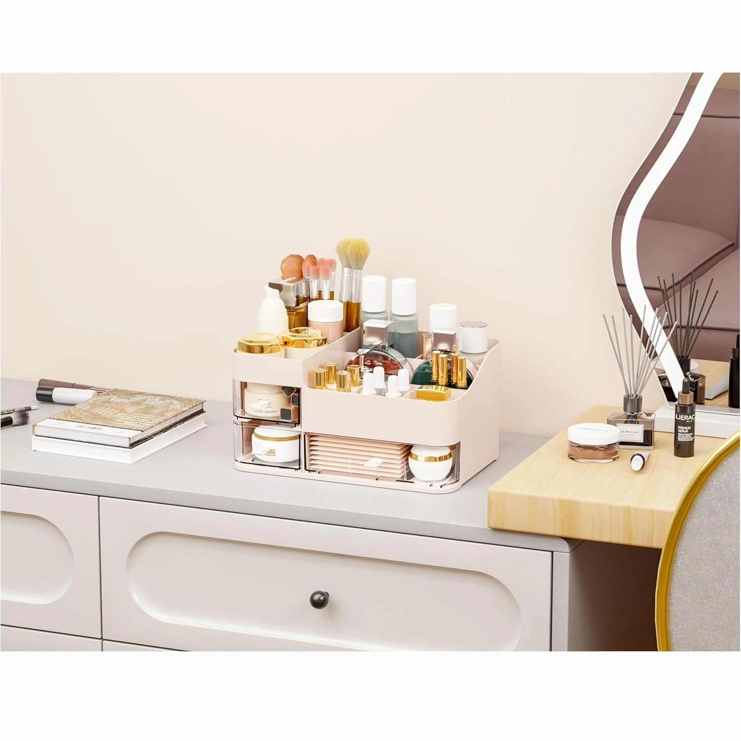 Pink Make up Organizers for Vanity with 3 Drawers,Large Skincare Organizers for Countertop,Desk,Dresser,Plastic Bathroom Counter Organizer for Eyeshadow Palettes,Perfume,Make up Brush Organization