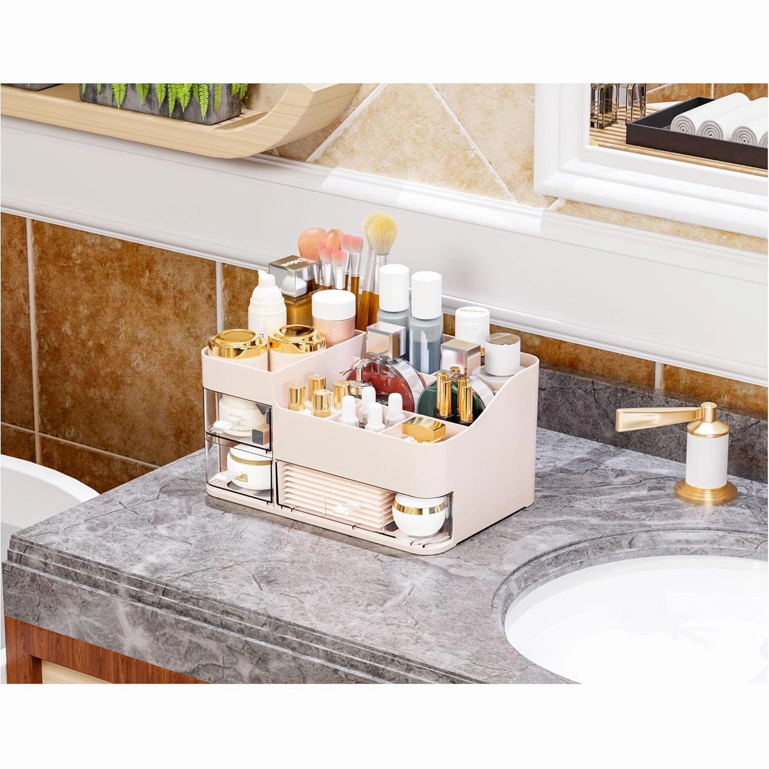 Pink Make up Organizers for Vanity with 3 Drawers,Large Skincare Organizers for Countertop,Desk,Dresser,Plastic Bathroom Counter Organizer for Eyeshadow Palettes,Perfume,Make up Brush Organization