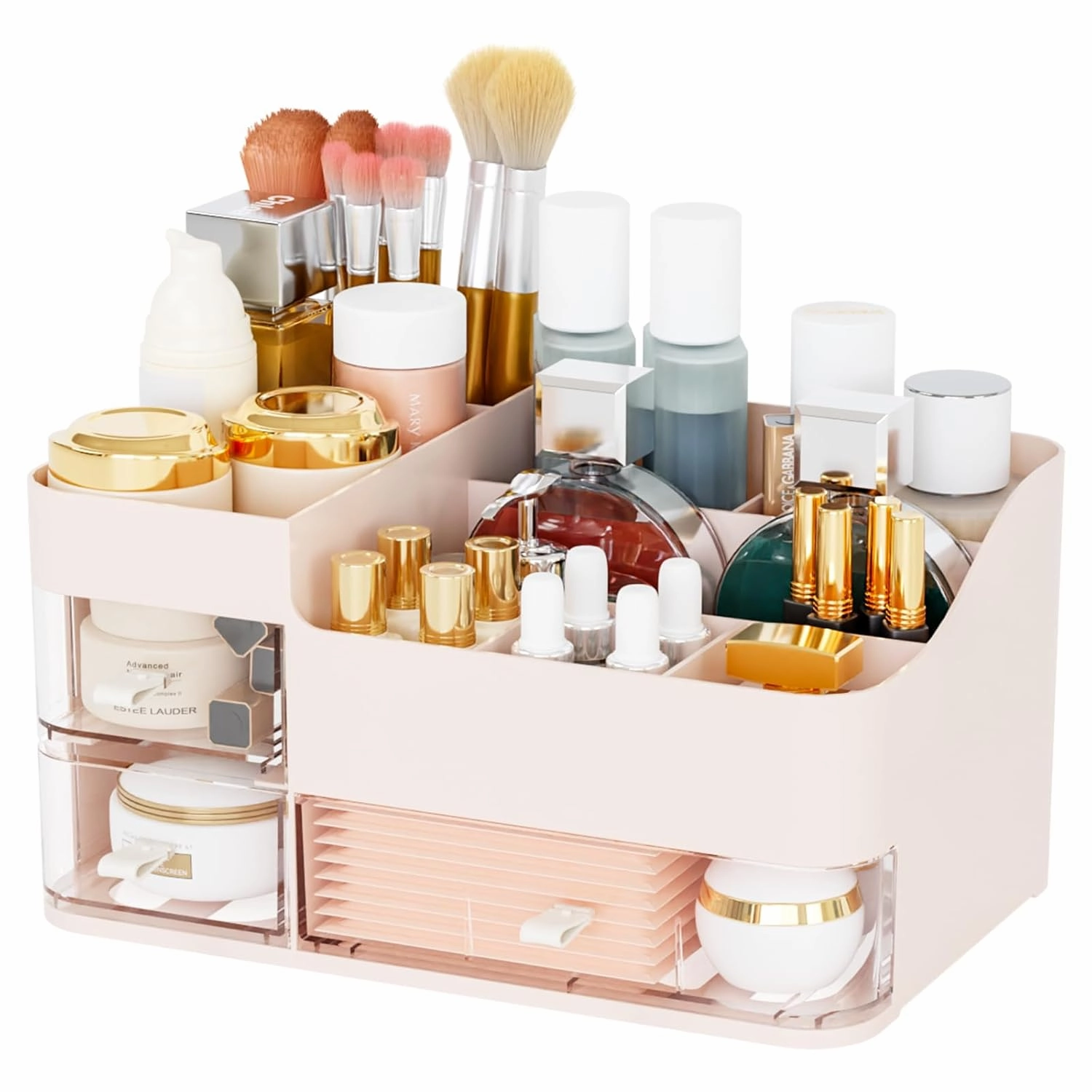 Pink Make up Organizers for Vanity with 3 Drawers,Large Skincare Organizers for Countertop,Desk,Dresser,Plastic Bathroom Counter Organizer for Eyeshadow Palettes,Perfume,Make up Brush Organization