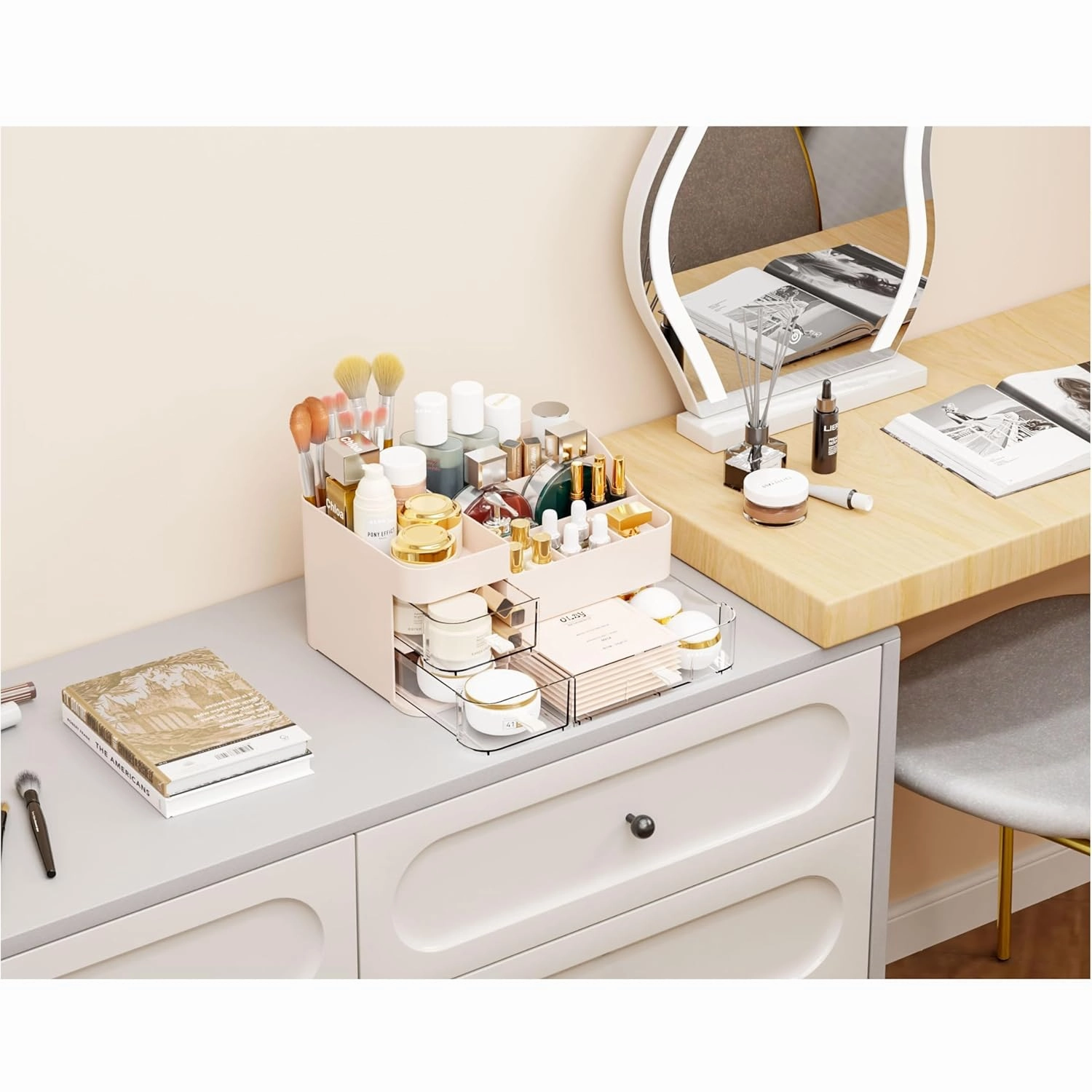 Pink Make up Organizers for Vanity with 3 Drawers,Large Skincare Organizers for Countertop,Desk,Dresser,Plastic Bathroom Counter Organizer for Eyeshadow Palettes,Perfume,Make up Brush Organization