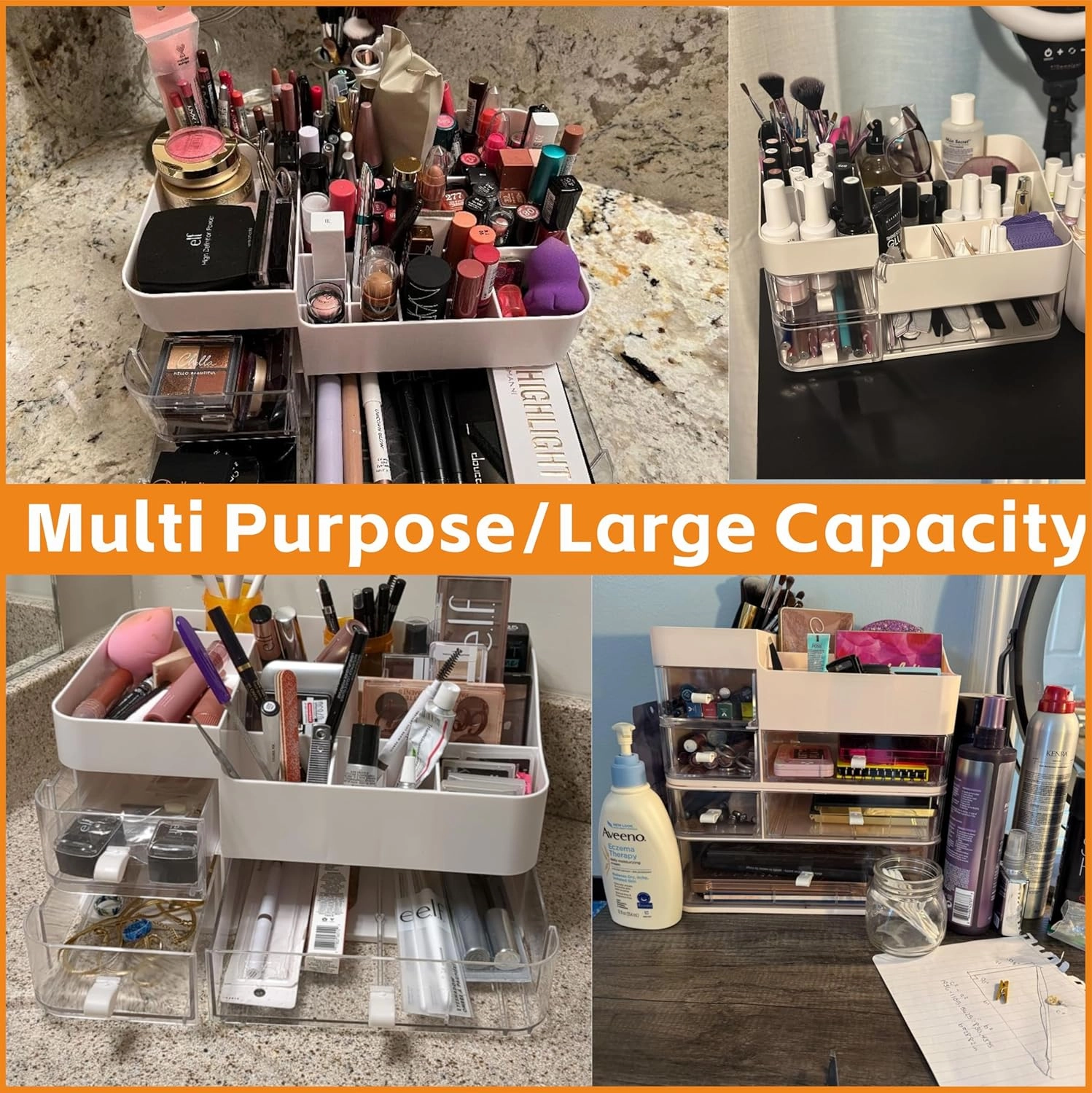 Pink Make up Organizers for Vanity with 3 Drawers,Large Skincare Organizers for Countertop,Desk,Dresser,Plastic Bathroom Counter Organizer for Eyeshadow Palettes,Perfume,Make up Brush Organization