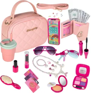 Play Purse for Little Girls, Toddler Purse with Accessories and Pretend Play Makeup Kit, My First Purse Set Includes Pink Handbag, Wallet, Toy Phone, Kids Toy, Christmas Birthday Gift Set for Age 3 
