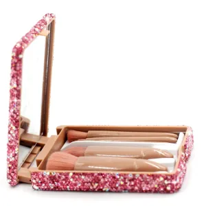 Portable Barrel Makeup Brush Set 5 Pieces for Eyeshadow, Eyebrow, and Makeup Application with Crystal Bling Gift Case (Pink)