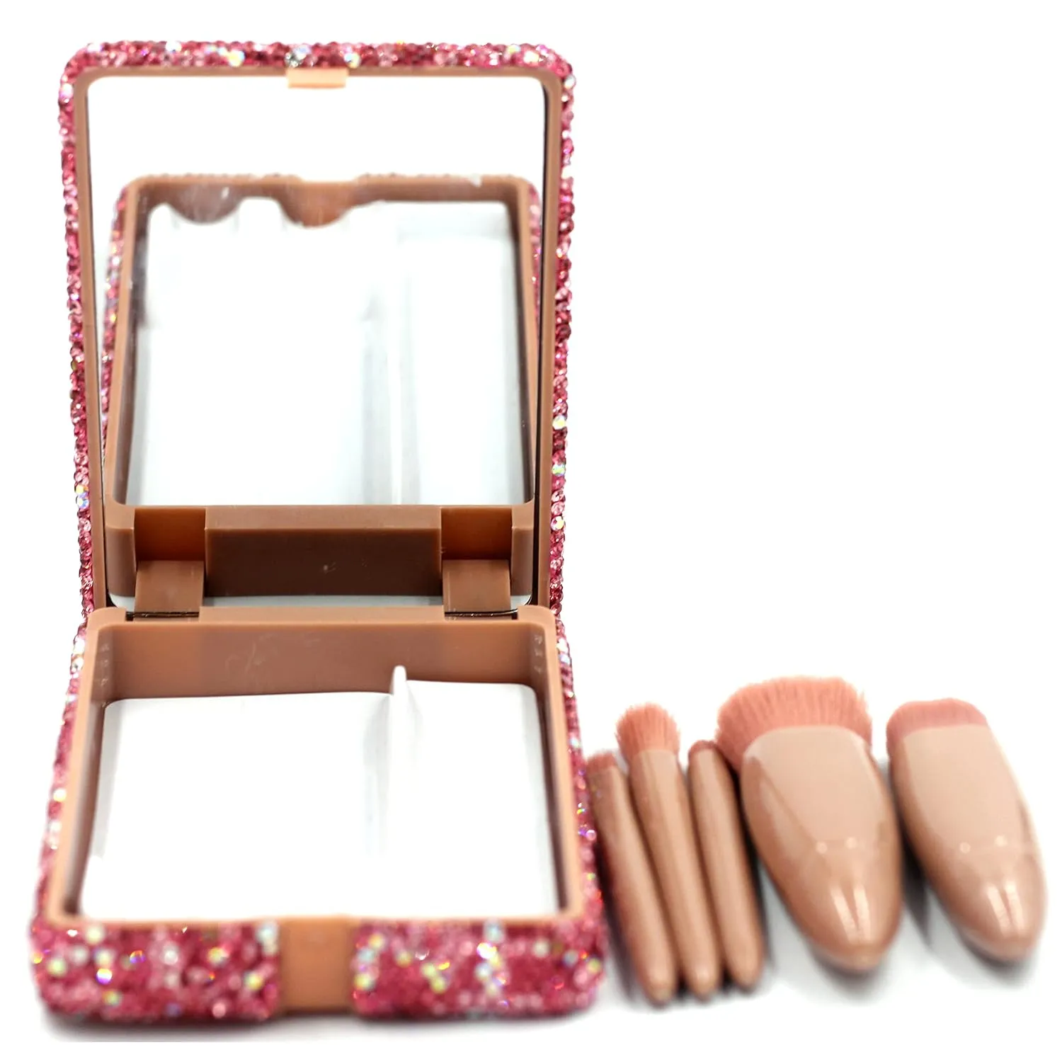 Portable Barrel Makeup Brush Set 5 Pieces for Eyeshadow, Eyebrow, and Makeup Application with Crystal Bling Gift Case (Pink)