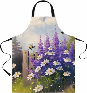 Purple Lavender Daisy Oil Painting Flower Garden Bee Waterproof Apron With Pockets, Kitchen Chefs Bib Cooking BBQ Grill Bake Adjustable Aprons for Women/Kids Home Garden Grooming Painting Gardening