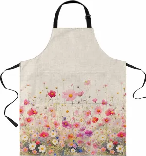 Red Pink Floral Waterproof Apron With Pockets, Vintage Pastoral Wild Flower Beige Kitchen Chefs Bib Cooking BBQ Grill Bake Adjustable Aprons for Women/Kids Home Garden Grooming Painting Gardening