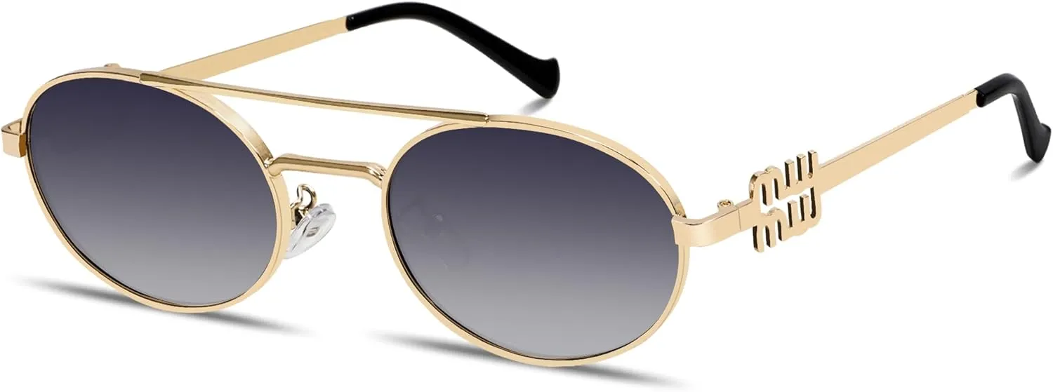 Retro Oval 90s Metal Sunglasses for Women, 2025 Trendy Chic Narrow Gold Sun Glasses Fashion Sunnies